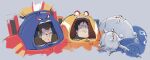  3boys armor artificial_eye brown_hair bryce_(space_king) captain_(space_king) clenched_teeth commentary grid_teeth hatemace hatemonger_(space_king) highres holding holding_mace holding_weapon lordcheeese mace multiple_boys open_mouth power_armor psycho-warrior red_eyes short_hair simple_background smile space_king teeth weapon 