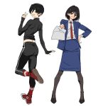  2girls absurdres black_eyes black_hair black_pants black_pantyhose blue_jacket blue_skirt bob_cut collared_shirt full_body hair_between_eyes hand_on_own_hip highres holding holding_paper jacket long_sleeves looking_at_viewer mikasa_ackerman multiple_girls necktie office_lady original pants pantyhose paper pencil_skirt plumblossom91 red_necktie shirt shoes short_hair simple_background skirt sleeves_past_wrists smile standing turtleneck v white_background white_shirt 