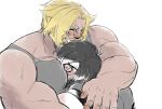  2boys bara bare_arms beard between_pectorals blush closed_eyes commentary_request face_to_pecs facial_hair final_fantasy final_fantasy_xiv from_side glasses grey_tank_top grin hand_on_another's_back head_between_pecs highres hug large_hands large_pectorals male_focus mature_male multiple_boys muscular muscular_male original pectorals ran-kun_(shi) roegadyn shi_(pixiv_24993110) short_hair shy smile tank_top thick_beard thick_eyebrows upper_body warrior_of_light_(ff14) yaoi 