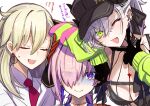  3girls absurdres bare_shoulders baseball_cap bikini black_bikini black_hands black_hat blue_bikini blush body_markings breasts choker cleavage closed_eyes collared_shirt colored_extremities colored_inner_hair commentary_request crossed_bangs demon_girl demon_horns earrings fate/grand_order fate_(series) flower green_eyes green_jacket grey_hair hair_between_eyes hair_flower hair_intakes hair_ornament hair_over_one_eye hair_ribbon hat high_ponytail highres hoop_earrings horns iris_(tb33064667) jacket jewelry lilith_(fate) lilith_(swimsuit_rider)_(first_ascension)_(fate) long_hair long_sleeves looking_at_viewer mash_kyrielight mash_kyrielight_(swimsuit_of_perpetual_summer_ver.03) medium_breasts multicolored_hair multicolored_jacket multiple_girls necktie off_shoulder olga_marie_animusphere olga_marie_animusphere_(unbeast) one_eye_closed open_mouth pink_hair pink_jacket ponytail purple_eyes purple_hair ribbon shirt short_hair short_ponytail smile swimsuit translation_request two-tone_jacket white_shirt zipper_bikini 