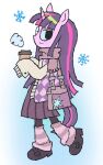  1girl animal_ears bag colored_skin cup disposable_coffee_cup disposable_cup glasses highres horse_ears horse_girl horse_tail light_smile looking_at_viewer melps my_little_pony purple_hair purple_skin satchel scarf snowflakes sweater tail twilight_sparkle unicorn_horn walking winter_clothes 