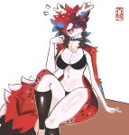 anthro antlers belly bikini breasts canid canine clothing collar deer female fluffy fluffy_tail fox hi_res horn hybrid looking_at_viewer mammal multicolored_body ria ria_(asweda) simple_background solo swimwear tail thick_thighs tianiseul two-piece_swimsuit