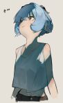  1girl animal_ears blue_hair commentary_request goat_ears goat_girl goat_horns hair_between_eyes horns looking_up lucia_elowen pointy_ears short_hair simple_background smile solo user_awxk4588 yellow_eyes zenless_zone_zero 