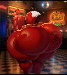 animatronic anthro big_butt black_bars bobthetanuki bottom_heavy butt butt_focus butt_tattoo canid canine checkered checkered_floor cheek_tuft clothing digital_media_(artwork) disco_ball facial_tuft five_nights_at_freddy's fox foxy_(fnaf) freddy_(fnaf) gold_(metal) gold_tooth hi_res huge_butt huge_hips huge_thighs hyper hyper_butt hyper_hips hyper_thighs letterbox light lighting looking_at_viewer looking_back machine male mammal neon_sign nude rear_view red_body robot scottgames shaded sign signature small_waist smile smiling_at_viewer standing tail tattoo teeth teeth_showing thick_thighs tuft wide_hips