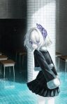  1girl absurdres arms_behind_back black_skirt blue_eyes chair classroom desk fur_trim hair_ornament highres hist_sg indoors jacket long_sleeves looking_at_viewer looking_back open_mouth original pleated_skirt purple_eyes school_desk short_hair skirt smile solo white_hair 