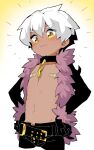  1boy :3 bandaid bandaids_on_nipples belt black_gloves black_jacket chain closed_mouth collar colored_eyebrows commentary_request cropped_legs dark-skinned_male dark_hunter_(sekaiju) dark_hunter_3 dark_skin fur-trimmed_jacket fur_trim gloves hands_on_own_hips jacket looking_at_viewer male_focus open_clothes open_jacket pasties sekaiju_no_meikyuu sekaiju_no_meikyuu_1 short_hair smile solo suno_(imydream) white_hair yellow_eyes 