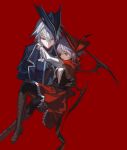  2girls alternate_costume bat_wings black_pantyhose blue_hat blue_jacket bonnet boots braid brown_boots brown_gloves brown_vest capelet carrying carrying_person chinese_commentary closed_mouth commentary_request feathers gloves grey_hair hair_between_eyes hat hat_feather highres izayoi_sakuya jacket knee_boots kumatangent lace-up_boots multiple_girls open_mouth pantyhose princess_carry purple_hair red_background red_bonnet red_capelet red_feathers red_skirt remilia_scarlet simple_background skirt smile touhou tricorne twin_braids vest wings yuri 