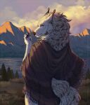 2026 anthro canid canine canis claws clothing cloud cloudy_sky digital_media_(artwork) finger_claws fur half-length_portrait hi_res liimapng looking_at_viewer looking_back looking_back_at_viewer male mammal mane mountain nature_background outside plant poncho portrait quinnlan_(serreis) signature sky solo tail tree water whisker_spots white_body white_fur wolf yellow_eyes