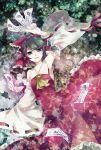  black_hair commentary_request detached_sleeves flower frills hakurei_reimu japanese_clothes kyoma_(yellowxcake) miko petals red_ribbon red_shirt red_skirt ribbon shirt skirt touhou 