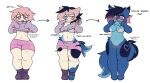 anthro areola black_hair blue_body blue_fur blue_tail breasts clothing duo english_text female fur genitals hair humanoid legwear male male/female open_mouth pink_eyes pink_hair purple_clothing purple_eyes purple_shirt purple_topwear shirt simple_background solo standing tail text thigh_highs topwear transformation unknown_species vulva white_background white_body white_skin zinamao