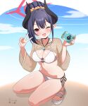  1girl :d absurdres alternate_breast_size_(larger) bikini black_hair black_horns blue_archive blue_sky blush breasts camera chiaki_(blue_archive) chiaki_(swimsuit)_(blue_archive) commentary_request crab demon_horns fang fishnet_shrug full_body hair_bun hair_ornament hair_scrunchie halo hand_on_own_hip highres holding holding_camera horns large_breasts legs_folded long_hair looking_at_viewer mhandpuzzdra navel o-ring o-ring_bikini o-ring_top official_alternate_costume official_alternate_hairstyle one_eye_closed open_mouth pointy_ears red_eyes red_halo sandals scrunchie see-through_clothes see-through_shrug shrug_(clothing) side-tie_bikini_bottom sidelocks single_sidelock sky smile solo squatting swimsuit v white_background white_bikini yellow_scrunchie 