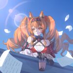  1girl absurdres angelina_(arknights) angelina_the_mellow_wish_(arknights) animal_ear_fluff animal_ears arknights bare_shoulders black_collar black_gloves black_hairband breasts brown_hair bubble_tea chinese_commentary collar commentary_request cup day detached_sleeves drill_hair floating_paper fox_ears fox_girl gloves hair_between_eyes hairband hairenliangjiaoshou highres holding holding_cup infection_monitor_(arknights) lens_flare long_hair long_sleeves looking_to_the_side outdoors paper sky smile solo twintails upper_body 