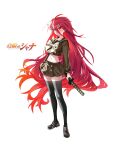  1girl absurdres ahoge amoeba_yuanchong black_sailor_collar black_serafuku black_shirt black_shoes black_skirt black_thighhighs bow chinese_commentary closed_mouth commentary full_body highres holding holding_sword holding_weapon katana long_hair looking_at_viewer red_eyes red_hair sailor_collar school_uniform serafuku shakugan_no_shana shana shirt shoes simple_background skirt solo standing sword thighhighs weapon white_background white_bow 