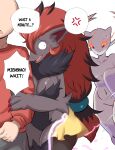 absurd_res angry anthro biped bottomwear breasts brown_hair clothed clothing cross-popping_vein dialogue disguise featureless_crotch female female_anthro generation_5_pokemon group hair hi_res human illusion illusion_(ability) interspecies lucyfercomic male mammal mienshao nintendo nude pokemon pokemon_(species) pokephilia running simple_background size_difference smaller_female speech_bubble text topwear trio zoroark