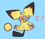 anus black_body black_fur blue_eyes blush bodily_fluids clitoris crying embarrassed female female_symbol feral forced forced_transformation fur gender_symbol gender_transformation generation_2_pokemon genitals hi_res humiliation light_ball_(pokemon) lying mtf_transformation multi_nipple nintendo nipples on_back pawpads pichu pink_pawpads pointy_ears pokemon pokemon_(species) rory_arctic_fox small_body solo symbol tail tears transformation vulva yellow_body yellow_fur
