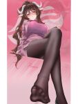  1girl absurdres animal_ears arknights arm_support artist_name black_pantyhose breasts brown_hair closed_mouth commentary_request crossed_legs dorsiflexion fingernails foot_out_of_frame foreshortening from_below full_body glasses hair_between_eyes hand_on_own_knee high_ponytail highres horns jacket large_breasts legs light_blush long_hair long_sleeves looking_at_viewer magna_naumann_(arknights) miniskirt pantyhose pencil_skirt pink_background pink_eyes pink_jacket pink_skirt ponytail presenting_foot presenting_own_foot remico seamed_legwear sheep_ears sheep_girl sheep_horns sitting skirt skirt_suit smug solo spread_toes suit suit_jacket sweater toes turtleneck turtleneck_sweater very_long_hair zoom_layer 