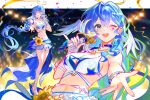  1girl absurdres bikini blue_hair blue_nails breasts chinese_commentary cleavage closed_eyes commentary_request flower full_body green_eyes hair_ornament halo head_wings high_heel_sandals high_heels highres holding holding_microphone honkai:_star_rail honkai_(series) jewelry large_breasts leg_wrap long_hair looking_at_viewer microphone navel necklace official_alternate_costume one_eye_closed open_mouth outstretched_arm outstretched_hand projected_inset robin_(honkai:_star_rail) robin_(summeretto)_(honkai:_star_rail) sandals sarong shangguan_wanyu singing solo stage stage_lights starfish_hair_ornament sunflower swimsuit upper_body very_long_hair white_bikini white_wings wings yellow_nails 