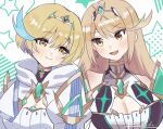  2girls bare_shoulders blonde_hair blush breasts chest_jewel cleavage core_crystal_(xenoblade) earrings happy highres jewelry kyosuke1413koba long_hair looking_at_another mother_and_child mother_and_daughter multiple_girls mythra_(xenoblade) open_mouth parent_and_child shimmer_(xenoblade) short_hair smile swept_bangs tiara upper_body xenoblade_chronicles_(series) xenoblade_chronicles_2 xenoblade_chronicles_3 yellow_eyes 