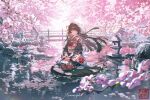  1girl ai-generated black_hair black_kimono bridge cherry_blossoms chisa_(wuthering_waves) chisaka_(binbinsuke) commentary_request flower highres japanese_clothes kimono long_hair petals red_eyes red_ribbon ribbon scenery sitting solo wind wuthering_waves xenomorph-121 