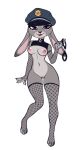 anthro areola armwear aru_borowski black_nose breasts clothing disney ears_down european_rabbit eyelashes feet female fishnet_armwear fishnet_clothing fishnet_legwear front_view fur genitals grey_body grey_fur hi_res holding_handcuffs judy_hopps lagomorph legwear leporid long_ears looking_at_viewer mammal mostly_nude navel nipples oryctolagus pink_areola pink_nipples pivoted_ears police police_hat purple_eyes rabbit simple_background small_breasts solo thick_thighs tongue tongue_out vulva white_background wide_hips zootopia