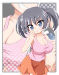  1girl absurdres black_hair blue_eyes breasts commentary_request commission cowboy_shot grin halftone halftone_background highres huge_breasts inatsuka_haru jabaku-chan miniskirt oppai_loli orange_skirt original pink_tank_top pixiv_commission skirt smile solo tank_top twintails v-shaped_eyebrows zoom_layer 