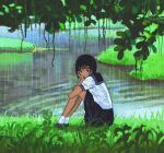  1girl ankle_socks black_eyes black_hair black_sailor_collar black_shoes black_skirt chinese_commentary commentary_request from_side full_body grass head_on_hand highres knees_to_chest knees_up leaf looking_at_viewer original outdoors plant rain realyangtuo ripples river riverbank sailor_collar school_uniform serafuku shirt shoes short_sleeves sitting skirt slice_of_life socks solo turning_head vines water wet wet_clothes wet_shirt white_socks 