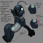 1:1 ahoge anglerfish animal_genitalia anthro aquatic arched_back arms_tied barnacles_on_body bioluminescence black_hair bodily_fluids bone bound butt colored_sketch directional_arrow ear_fins english_text fangs female_(lore) fin fish fish_hook fish_hook_piercing fishing_line flat_chested flesh_fang fuulure fuulure_(character) genital_fluids genital_slit genitals glowing grey_background guide_lines hair hi_res hook horn intersex intersex_(lore) kneeling leaking_precum legs_tied lure_(anatomy) model_sheet monotone_background navy_body no_pupils nude one_eye_closed penis piercing plastic_ring precum pseudo-penis shaded simple_background simple_shading skeleton sketch solo spikes teeth text translucent translucent_body translucent_penis visible_skeleton vulva white_eyes wink