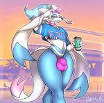 absurd_res aki_(wingedwilly) anthro balls beverage big_butt bikini bottomwear bulge butt canid canine choker clothed clothing coffee coffee_cup collar colored_nails container crop_top cup detailed_bulge digital_media_(artwork) ear_piercing ear_ring english_text eyewear femboy fur generation_5_pokemon genitals grand_theft_auto grand_theft_auto_vi gta_vi_cover_girl hair hi_res holding_object hoop_ear_ring jewelry long_hair looking_at_viewer male mammal markings mienshao nails necklace nintendo penis piercing pokemon pokemon_(species) ponytail ring_piercing rockstar_games shirt simple_background smile solo sunglasses swimwear tail tassels teeth text thick_thighs topwear tuft two-piece_swimsuit whiskers white_body wide_hips wingedwilly