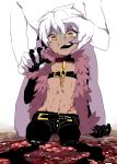  2boys amputee black_gloves black_jacket blood_on_stomach chain chest_belt collar collarbone commentary_request dark-skinned_male dark_hunter_(sekaiju) dark_hunter_3 dark_skin fingernails gloves guro jacket male_focus mouth_pull multiple_boys navel sekaiju_no_meikyuu sekaiju_no_meikyuu_1 short_hair suno_(imydream) sweat white_background white_hair yellow_eyes 