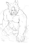  1boy animal_ears bara beard body_blush cat_boy cat_ears facial_hair final_fantasy final_fantasy_xiv full_beard greyscale large_pectorals looking_at_viewer male_focus mature_male mole mole_under_eye monochrome muscular muscular_male navel nipples one_ear_down one_eye_closed onsen original partially_submerged pectorals ran-kun_(shi) roegadyn scar scar_on_hand shi_(pixiv_24993110) slit_pupils smile solo standing_up thick_beard thick_eyebrows thick_navel_hair towel warrior_of_light_(ff14) wet 