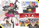 1boy 3girls angry animal_ears arknights arknights:_endfield black_hair character_name chen_qianyu_(arknights) copyright_name cup da_pan_(arknights) demon_horns dragon_horns endministrator_(arknights) english_commentary english_text female_endministrator_(arknights) food furry furry_male highres holding holding_cup horns ice_cream laevatain_(arknights) masked multiple_girls panda_boy panda_ears red_hair speech_bubble sunglasses sunnbnn surtr_(arknights) sweat 