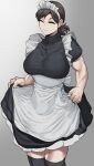  1girl absurdres apron badasengsu black_dress black_thighhighs brown_hair closed_eyes clothes_lift commentary curtsey dress enmaided frilled_apron frilled_dress frills highres korean_commentary maid maid_apron maid_headdress muscular muscular_arms muscular_female original ponytail short_hair short_sleeves side_ponytail skirt skirt_lift smile solo thighhighs turtleneck waist_apron white_apron 