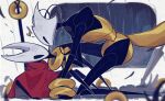 after_fight antennae_(anatomy) anthro arthropod cloak clothing detailed_background digital_drawing_(artwork) digital_media_(artwork) duo female female/female grass hand_on_face heart_symbol hi_res hollow_knight:_silksong hollow_knight_(franchise) hornet's_needle hornet_(hollow_knight) kneeling leaf looking_at_another love mixiepixiie narrowed_eyes plant raining red_cloak red_clothing ring segmented_body shakra_(hollow_knight:_silksong) signature sitting sitting_on_ground small_waist tail team_cherry twig weapon wet wristband