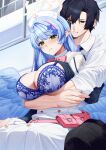  1boy 1girl absurdres belt_pouch black_hair black_shirt blue_archive blue_bra blue_hair blue_wings blush bra breasts breasts_out cleavage commentary_request dress gloves green_eyes hair_ornament halo highres hug large_breasts long_hair looking_down low_wings mine_(blue_archive) multicolored_hair parted_lips pink_hair pointy_ears pouch seele0907 sensei_(blue_archive) shirt short_hair sleeves_rolled_up streaked_hair underwear white_dress white_gloves white_shirt wings yellow_halo 