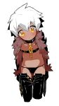  1boy black_panties blush chain chest_belt closed_mouth collar colored_eyebrows commentary_request cropped_legs dark-skinned_male dark_hunter_(sekaiju) dark_hunter_3 dark_skin fur-trimmed_jacket fur_trim jacket male_focus open_clothes open_jacket panties sekaiju_no_meikyuu sekaiju_no_meikyuu_1 short_hair simple_background solo suno_(imydream) underwear undressing white_background white_hair yellow_eyes 