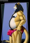 anthro belly big_bulge black_mane black_nipples black_penis bulge clothing daddy_kink daddy_palmarian dark_nipples dark_penis felid genitals hi_res lion male mammal mane muscular nipples overweight palmarianfire pantherine penis red_clothing red_underwear solo underwear whiskers