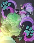 4:5 4_toes 5_fingers abdominal_bulge absurd_res anal anal_penetration anthro black_body black_fur blonde_hair blue_pawpads canid canine canis english_text feet fingers fur g_shield gameplay_mechanics grey_body grey_fur gui hair health_bar heart_symbol hi_res holding_tentacle hud male mammal orange_eyes pawpads penetration slime solo tentacles text toes white_body white_fur wolf yanidesu