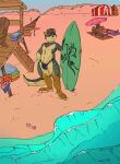 absurd_res anthro beach black_nose blue_bottomwear blue_clothing bottomwear brown_body brown_fur bulge canid canine closed_smile clothed clothing colored_sketch domestic_cat felid feline felis front_view fur grey_body grey_fur grey_hair grey_tail group hair hi_res looking_at_viewer lying male male_anthro mammal mouth_closed mustelid narrowed_eyes on_back oselotti otter outside short_hair signature sitting sketch smile solo_focus standing surfboard tail tan_body tan_fur tan_tail tent topless