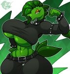 2026 absurd_res artist_name belt big_breasts black_belt black_bottomwear black_clothing black_pants black_sweater black_topwear bottomwear bracelet breasts cartoon_freckles clothed clothing collar cropped_sweater electronic_arts elemental_creature eyeshadow female flexing flexing_bicep flora_fauna freckled_face freckles green_hair hair hair_over_eye hand_on_hip hi_res huge_breasts humanoid jewelry leaf leaf_hair leaf_tail looking_at_viewer makeup muscular muscular_female navel navel_piercing outline pants peablaze_(leafpaw) peashooter_(pvz) piercing plant plant_hair plants_vs._zombies popcap_games pseudo_hair rudytheshark siphon_(anatomy) solo spiked_bracelet spiked_collar spikes sweater tail text thick_thighs thigh_gap topwear under_boob white_outline wide_hips yellow_eyes yellow_eyeshadow
