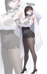  1girl absurdres alternate_costume alternate_hair_length_(shorter) armpits black_bra black_choker black_hair black_halo black_pantyhose black_shoes black_skirt blue_archive bra bra_visible_through_clothes breasts choker coat ddog from_side full_body halo high_heels highres huge_breasts legs mask millennium_science_school_logo mouth_mask multicolored_halo multiple_views pantyhose pencil_skirt red_eyes red_halo rio_(blue_archive) shirt shoes short_hair simple_background skirt sleeveless sleeveless_shirt stethoscope_around_neck thighs two-tone_halo underwear wet white_background white_coat white_mask white_shirt 