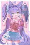  1girl absurdres ahoge animal_ears bare_shoulders blue_bow blue_eyes bow breasts chest_bow close-up commentary cone_hair_bun cowboy_shot double_bun fang flower fox_ears fox_girl frilled_shirt frilled_skirt frilled_sleeves frills hair_bow hair_bun hair_ears hair_flower hair_intakes hair_ornament hands_up heart heart_hair_ornament heterochromia highres ksup long_hair miniskirt multicolored_hair multiple_hair_bows nail_polish off-shoulder_shirt off_shoulder open_mouth pink_pupils purple_hair red_bow red_shirt shirt sidelocks skin_fang skirt small_breasts solo stellive streaked_hair tenko_shibuki thighhighs twintails untranslatable_commentary very_long_hair virtual_youtuber white_skirt white_streaks white_thighhighs yellow_eyes yellow_pupils zettai_ryouiki 