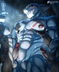 abs absurd_res animal_genitalia anthro aquatic balls bernard_(bna_v5) big_muscles big_pecs black_sclera bna_v5 bodily_fluids fish genital_slit genitals group hi_res lactating male male/male male_lactation muscular muscular_anthro muscular_male obliques pec_grab pec_squeeze pecs penis scar shark smile teeth