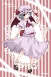  bat_wings black_shoes blue_hair blush commentary_request frilled_socks frills hat heart kyoma_(yellowxcake) mob_cap pink_shirt pink_skirt red_eyes red_ribbon remilia_scarlet ribbon shirt shoes skirt socks striped_background touhou wings 