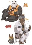  ! !! >_< 1boy 1girl 1other absurdres animal_ears bangboo_(zenless_zone_zero) barefoot bear_boy bear_ears ben_bigger black_fur black_pants black_tank_top blonde_hair brown_fur chinese_clothes chinese_commentary claws closed_mouth commentary_request furry furry_male glasses hard_hat helmet highres holding holding_paper hu_wei_(zenless_zone_zero) jacket ju_fufu koleda_belobog looking_to_the_side multicolored_fur non-humanoid_robot open_mouth pan_yinhu panda_boy panda_ears pants paper pawpads pointing pointing_at_self rabbit_ears reading robot round_eyewear safety_(zenless_zone_zero) shirt sitting smile squiggle tank_top tiger_ears tiger_stripes white_background white_fur white_jacket white_pants yellow_shirt zenless_zone_zero zhymao 