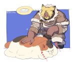  1boy affectionate animal_ears bara beard beard_over_mouth blonde_hair cat cat_ears closed_mouth commentary_request dark-skinned_male dark_skin facial_hair fat fat_animal final_fantasy final_fantasy_xiv full_beard large_hands male_focus mature_male mole mole_under_eye muscular muscular_male obese original petting ran-kun_(shi) resting roegadyn shi_(pixiv_24993110) speech_bubble thick_beard thick_eyebrows thought_bubble translation_request warrior_of_light_(ff14) 