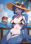 animal_print animal_print_bikini anthro beach bench beverage bikini blue_body blue_fur blue_hair bracelet breasts canid canine choker clothing cloud cow_print cow_print_bikini drinking_straw ears_through_headwear eyewear eyewear_on_head female flower flower_on_hat fox fur green_eyes hair hat headgear headwear hi_res holding_beverage holding_object jewelry krystal_(star_fox) looking_at_viewer mammal multicolored_body multicolored_fur navel necklace nintendo on_bench palm_tree pattern_bikini pattern_clothing pattern_swimwear plant sea side-tie_bikini silly_straw sitting sky solo star_fox string_bikini sun_hat sunglasses sunglasses_on_hat sunglasses_on_head swimwear tail tree two-piece_swimsuit two_tone_body two_tone_fur umbrella_drink water wearing_sunglasses white_body white_fur yeseafood