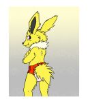 anthro black_inner_ear black_nose clothed clothing crossed_arms diaper diaper_only eeveelution fur generation_1_pokemon gradient_background hi_res jackgrowling jolteon looking_at_viewer looking_back looking_back_at_viewer male nintendo pantsless_anthro pantsless_male pink_eyes pokemon pokemon_(species) pouting pouting_at_viewer pouting_lips pull-ups_(diaper) red_diaper simple_background solo standing topless wearing_diaper yellow_body yellow_fur