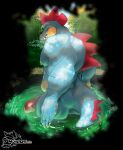 5_fingers absurd_res anthro big_penis blue_body erection feraligatr fingers forest forest_background generation_2_pokemon genitals hi_res hidden humanoid_genitalia humanoid_penis karlosarts lake looking_at_viewer looking_back male muscular muscular_male nintendo penis plant pokemon pokemon_(species) red_body solo tan_body thick_penis tree vein veiny_penis yellow_eyes