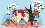 2022 anthro anubian_jackal awoogasm belly big_belly birthday birthday_cake bowl box cake canid canine canis chopsticks claws clenched_teeth clothing container dessert dialogue duo ebony_(awoogasm) english_text eye_contact fangs food fur half-closed_eyes hat headgear headwear holding_box holding_container holding_object holding_pizza_box huge_belly immobile inner_ear_fluff jackal looking_at_another male mammal morbidly_obese morbidly_obese_anthro morbidly_obese_male mostly_nude mostly_nude_anthro mostly_nude_male narrowed_eyes nude nude_anthro nude_male obese obese_anthro obese_male overweight overweight_anthro overweight_male party_hat party_hat_only paws pizza pizza_box plate signature speech_bubble tail teeth text tuft vox_(awoogasm) wolf