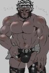  1boy abs bara beard black_hair black_thighhighs blush bulge commentary_request cowboy_shot cross-laced_clothes cross-laced_legwear dark-skinned_male dark_skin facial_hair final_fantasy final_fantasy_xiv finger_under_clothes full_beard large_pectorals looking_at_bulge male_focus mature_male multicolored_hair muscular muscular_male navel no_nipples original pectorals roegadyn shi_(pixiv_24993110) short_hair shy solo standing stomach strongman_waist thick_beard thick_eyebrows thick_thighs thighhighs thighs topless_male translation_request two-tone_hair warrior_of_light_(ff14) white_hair 